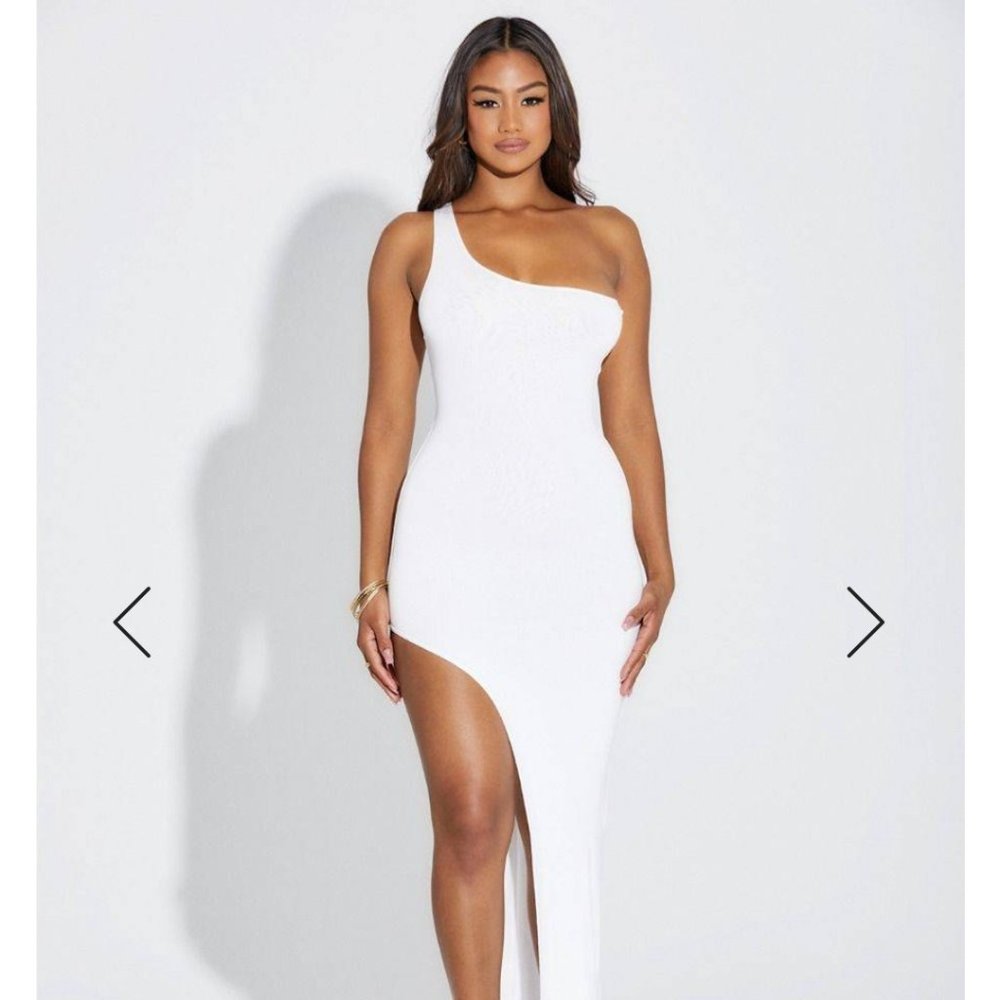 One shoulder white dress with split